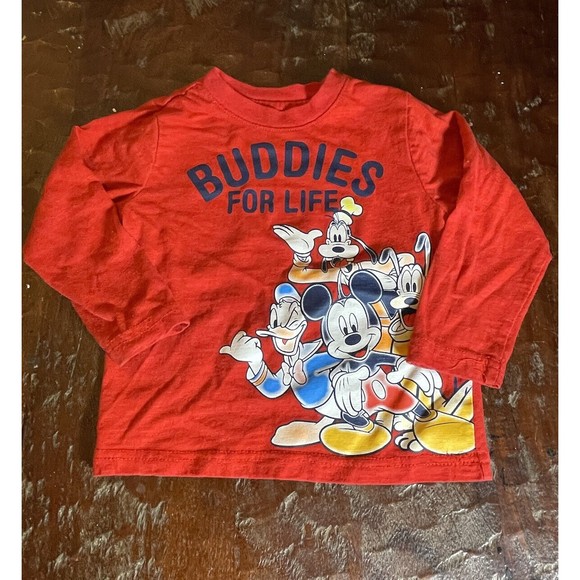 Disney Jr Boys 2T Top Long Sleeve Buddies For Life Red Mickey Mouse Goofy - Picture 1 of 5